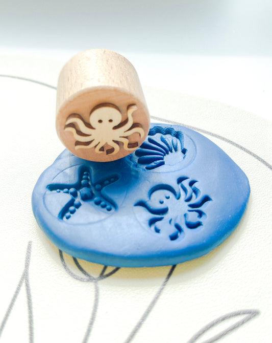 Ocean Life Wooden Stamp Set - 6 Marine Creature Dough Press Kit for Kids (Eco-Friendly Beechwood)